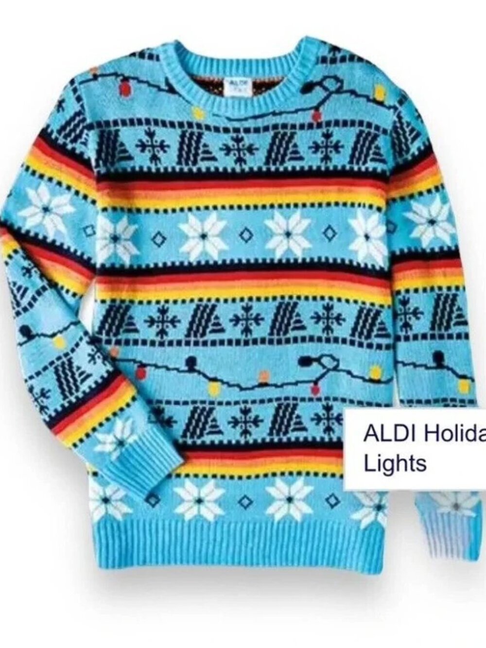 NWT - ALDI Blue Holiday Lights UGLY XMas Sweater, Multicolor Stripes, Size Med